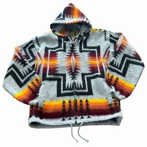 Vintage Tejidos Ruminahui Alpaca Wool Hooded Zip Up Sweater Jacket Aztec